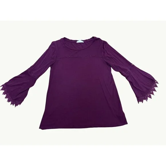 Coverstitched Burgundy Lace Trim Bell Sleeve Top Size M - Picture 7 of 9